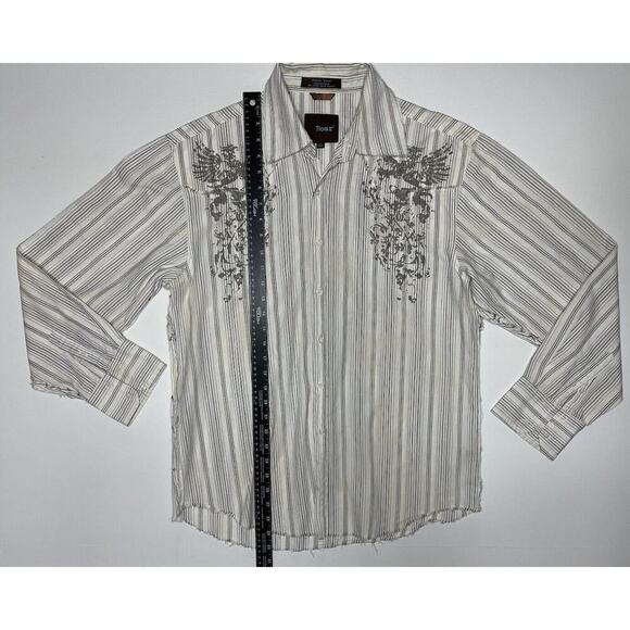 Roar Shirt Men Large Long Sleeve Button Up White Striped Distressed Hems Western - Picture 6 of 11